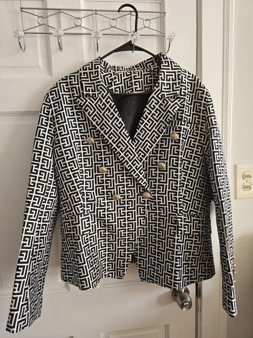 Black & White Geometric Double-Breasted Women's Blazer